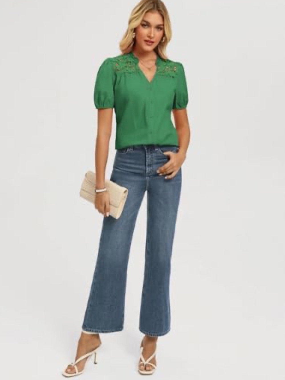 green short-sleeve button-down blouse from Grace Karin features charming lace sh